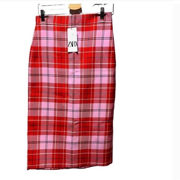 NET Zara Red/Pink Check Pencil Skirt - Picture 9 of 10